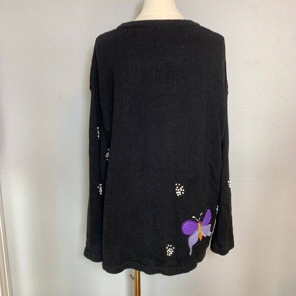 The Quacker Factory Women's 1X Button Up Cardigan Black w/ Butterflies - Picture 7 of 13